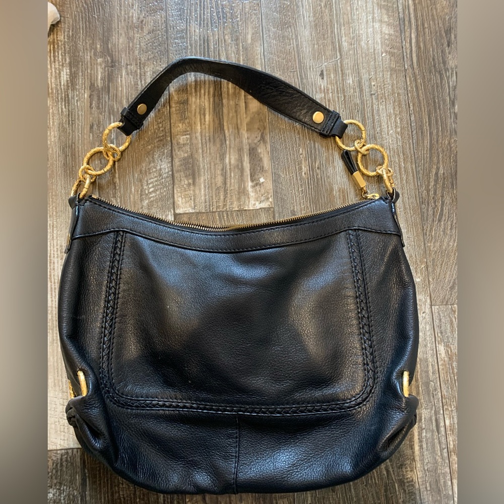 Elliott Lucca 100% Leather Black Shoulder Bag with Gold Accents Red Interior